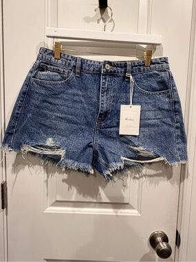 KanCan Medium Blue Distressed High-Rise Jean Shorts